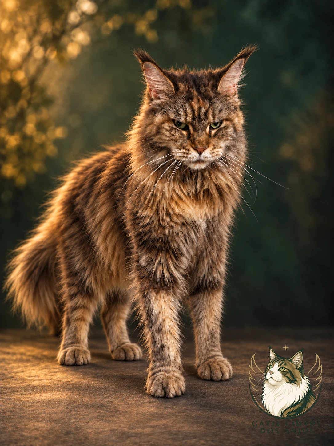 Maine Coon de pelagem castanha em pé, iluminado pela luz dourada