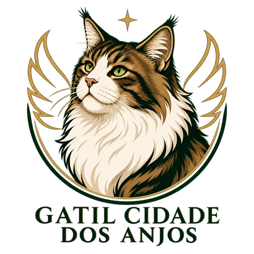 Nova logo do Gatil Cidade dos Anjos, um Maine Coon com asas douradas
